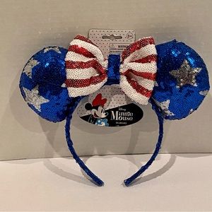 Disney Minnie Mouse Red White Blue Silver Star Sequin Ears 4th Of July Headband